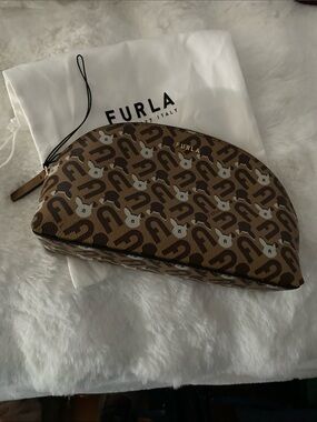 Furla Tan and Brown Logo-Print Half-Moon Pouch with Dust Bag New Without Tags